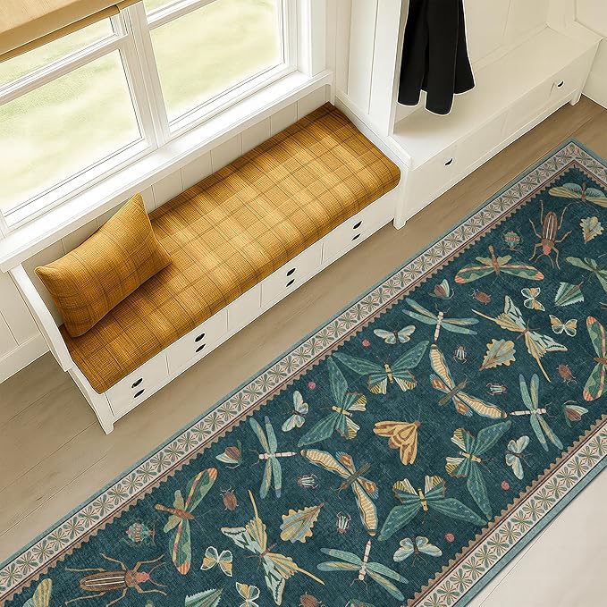 Hazo Haus Wide Runner Rug for Hallway 2'6"x8' - Green Runner Rug for Kitchen, Hall Way, Washable Foldable Boho Insect Deor