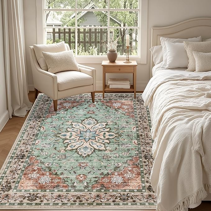 5x7 Area Rugs Living Room Rug: Washable Vintage Distressed Floral Rug No Slip Stain Resistant Soft Carpet Indoor Large Carpets for Bedroom Dining Room Farmhouse Nursery Hallway Home Office Brown Green