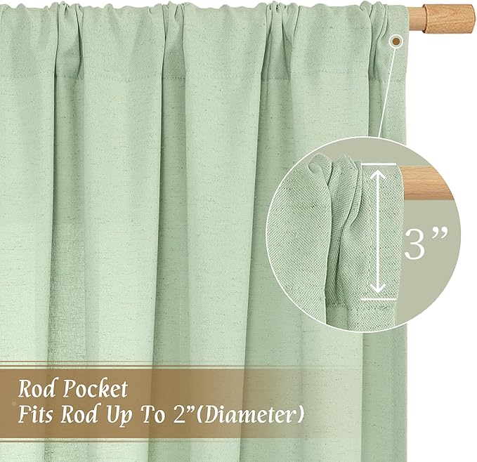 LAMIT 48 Inch Length Linen Curtains 2 Panels, Light Green Soft Faux Linen Light Filtering Panels Rod Pocket Boho Neutral Drapes for Short Windows/Cafe, 42 x 48 Inch