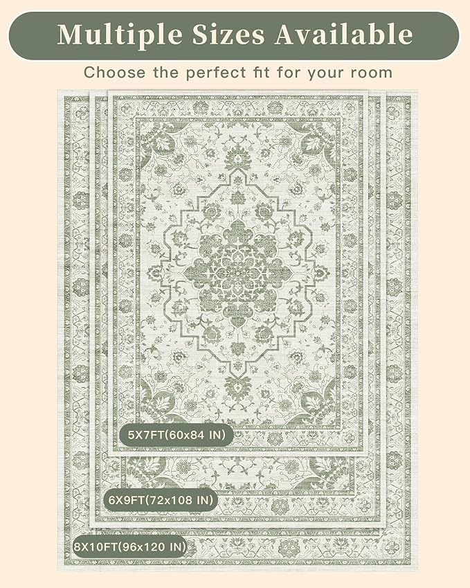 Madane 9x12 Area Rugs for Living Room, Machine Washable Vintage Green Rug with Non-Slip Backing, Soft Throw Large Rug, Thin Carpet for Bedroom Dining Room Farmhouse Under Table, Green/Ivory