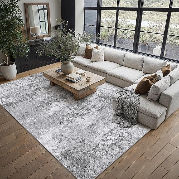 PureCozy 8x10 Grey Area Rug Washable Modern Abstract Living Room Carpet Non Slip Neutral Low Pile Soft Contemporary Gray Bedroom Large Rug Indoor Office Dining Room Playroom