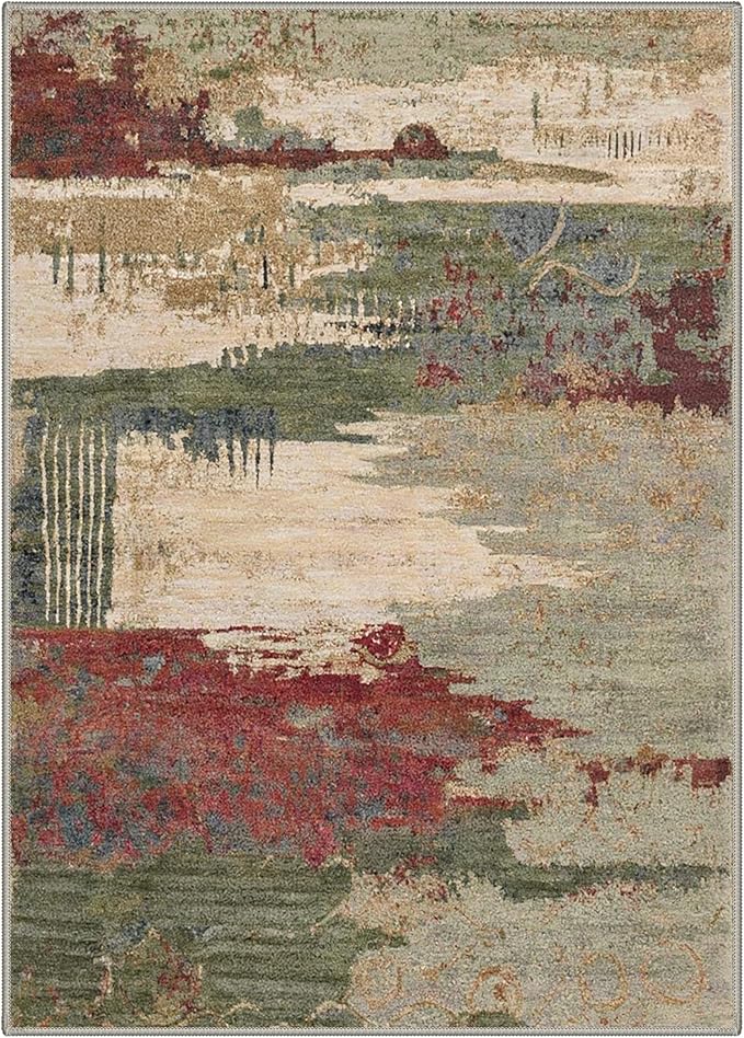 Area Rugs 5x7 for Living Room Bedroom, Modern Abstract Machine Washable Rug, Large Soft Low Pile Floor Carpet with Non Slip Backing for Dining Room, Moss Green