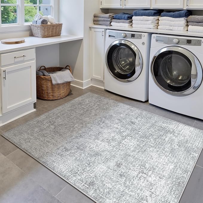 PureCozy 4x6 Area Rug Washable Vintage Entryway Living Room Carpet Indoor Office Non Slip Grey Entrance Distressed Low Pile Retro Accent Throw Rug for Dining Room Bathroom Bedroom Laundry