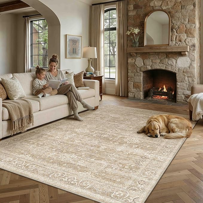 8x10 Washable Area Rug for Living Room Bedroom Vintage Beige Non Slip Carpet Traditional Retro Soft Low Pile Large Throw Rug for Dining Room Kitchen Office Indoor