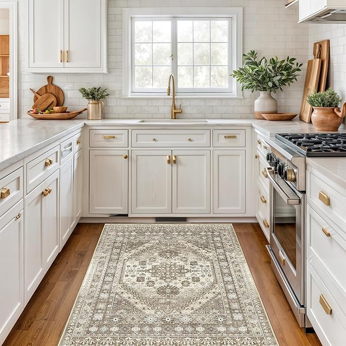 3x5 Washable Area Rug for Entryway, Kitchen Rugs Non Slip for Dining Room, Vintage Floral Soft Living Room Rug, Thin Area Rug Indoor for Bedroom, Kids Room Decor(Brown,3'x5')