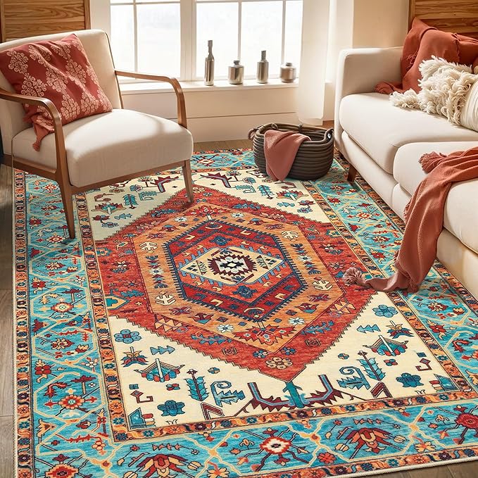 SERISSA 4x6 Boho Bedroom Rug, Washable Non Slip Vintage Orange Area Rugs, Ultra Soft Print Distressed Tribal Entry Rug Low-Pile Throw Carpet for Nursery Dorm Kitchen Living Room Decor