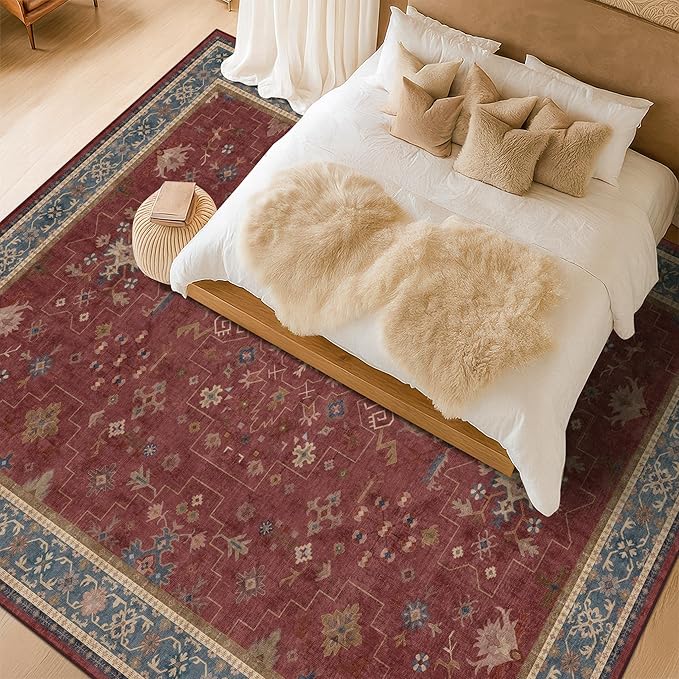 Hazo Haus Oriental 7x10 Large Area Rugs for Bedroom Under Bed - Burgundy Rug for Living Room, Dining Room Under Kitchen Table, Washable Soft Non Slip Boho Indoor Décor