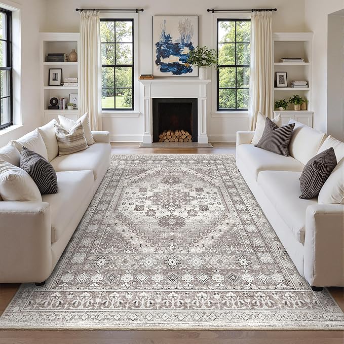 zesthome 8x12 Area Rugs,Stain Resistant Washable Rug,Ultra-Thin Rugs for Living Room,Bedroom,Non-Slip Backing Home Decor Large Area Rug (Brown/Beige,8'x12')