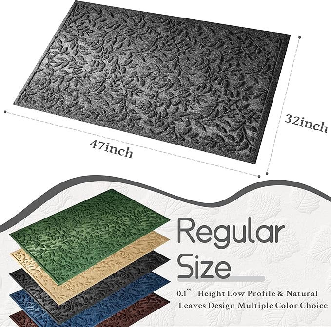 Grey Leaves Outdoor Indoor Entrance Door mat, Absorbent Durable Heavy Duty Welcome Front Door Mat,Thick Natural Rubber Back,Easy Clean Entryway Mat 47x32 Inch, Low Profile