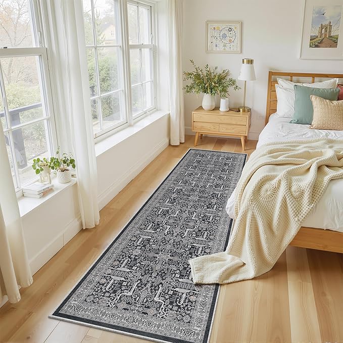 2x6 Hallway Washable Runner Rug - Soft Non Slip Vintage Rugs for Entryway Low-Pile Farmhouse Neutral Kitchen Runners Living Room Floor Mat Stain Resistant Distressed Carpet for Bedroom Bathroom Black