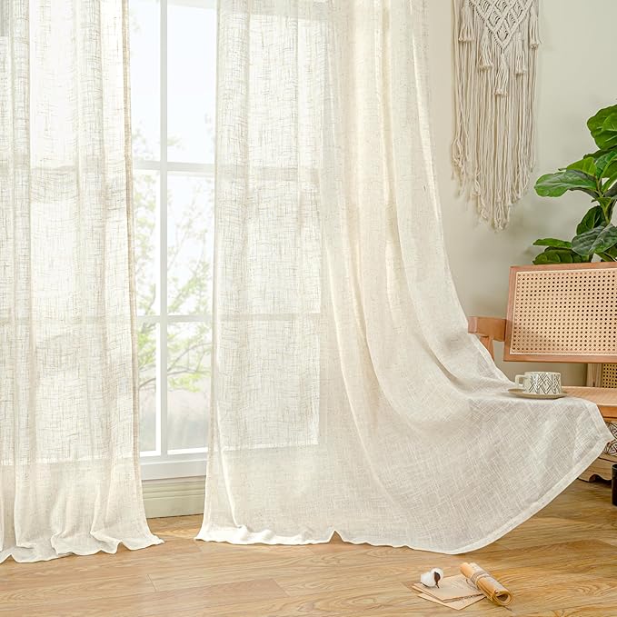 LAMIT Cream Ivory Linen Curtains 95 Inches Long 2 Panels Set for Bedroom, Back Tab and Rod Pocket Linen Textured Natural Curtains Light Filtering Boho Drapes for Living Room/Dining Room, 52 x 95 Inch