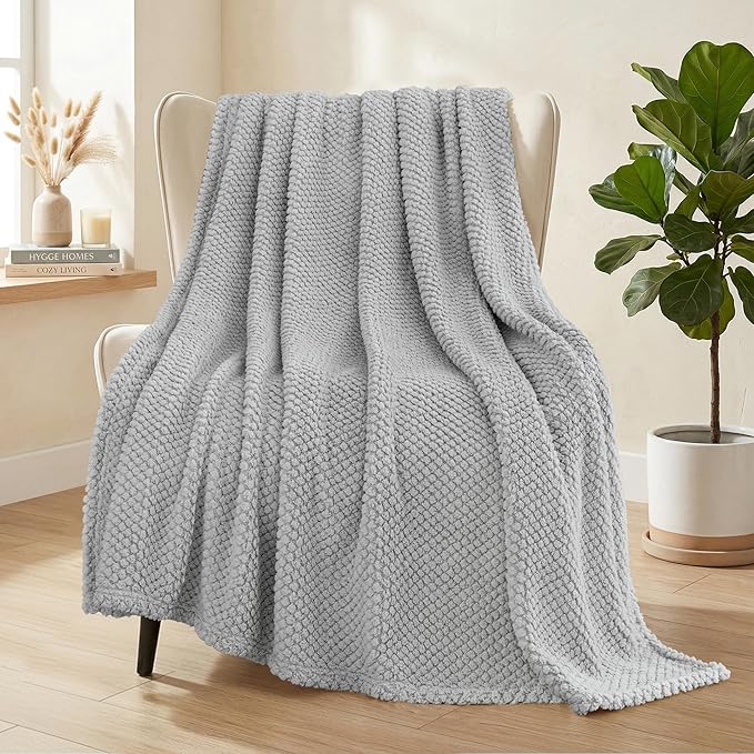 Whale Flotilla Extra Large Fuzzy Fleece Throw Blanket for Couch, 50x70 Inch Fluffy Warm Soft Jacquard Blankets for All Season, Lightweight and Cozy, Light Grey