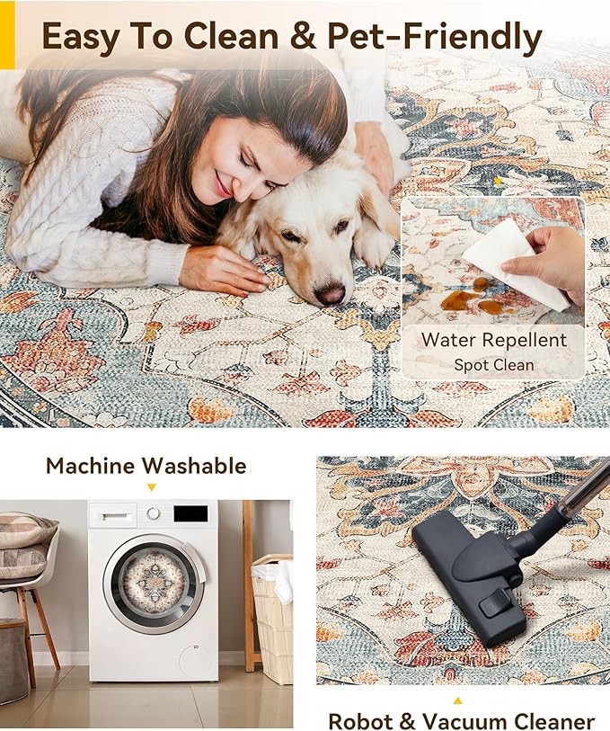 RELEANY Area Rugs 7ft Washable Non-Slip, Floral Vintage Distress Print Pattern Medallion Carpet for Living Room Bedroom Dining Room, Beige Navy Blue Orange Colorful