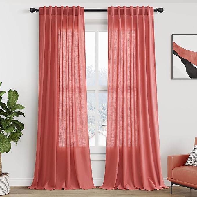 Nanspring Watermelon Red Curtains 108 Inches Long 2 Panels, Semi Sheer Back Tab Loop Pocket Large Window Curtain Extra Long Light Filtering Drapes High Ceiling Drape for Living Room 52x108