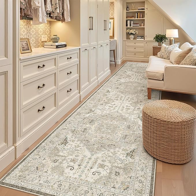 Madane 3x12 Hallway Runner Rug - Non Slip Washable 12ft Runner for Hallways Soft Vintage Kitchen Rugs Low-Pile Carpet Runner for Entryway Bathroom Thin Floor Mat for Bedroom Dining Room, Ivory/Brown