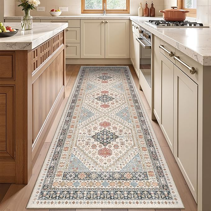 Kitchen Runner Rug Non Slip Washable 2.5x8, Soft Low Pile Entryway Rug Runners for Hallways,Carpet Runner for Living Room,Kitchen, Laundry, Bathroom(Blue/Red/Multi,2.5'x8')