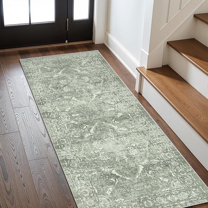 Hallway 2x6 Washable Runner - Non-Slip Vintage Long Rug for Entryway Low-Pile Medallion Runner for Hallway Waterproof Traditional Runners Indoor Thin Rug for Kitchen (Muted Sage Green, 2x6)