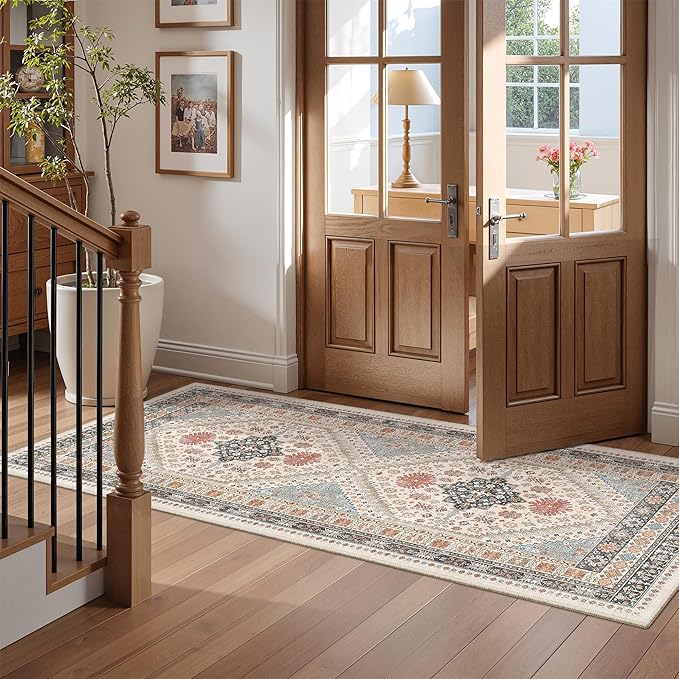 Runner Rug 2x6, Non Slip Washable Rugs for Laundry Room, Runners for Hallways, Low Pile Vintage Soft Rugs for Living Room, Kitchen Bathroom,Bedroom Rug(Blue/Red/Multi,2'x6')