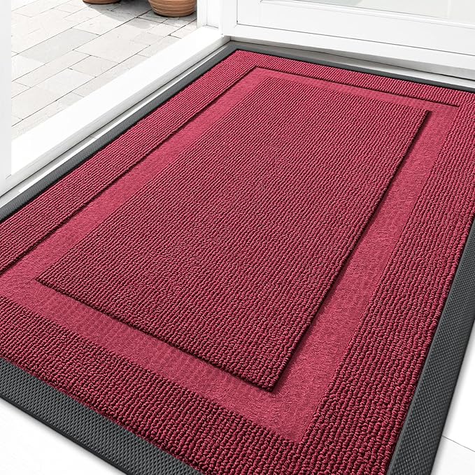 OLANLY Front Door Mat Indoor Outdoor Entrance, Waterproof All-Season, All-Weather Doormat, Sturdy Natural Rubber, Low Profile, Easy Clean Patio Porch Entryway Mat, 33x21, Burgundy
