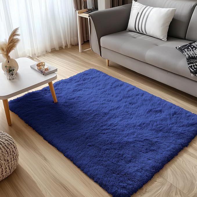 OLANLY 4x5 Machine Washable Accent Rug, Soft Fluffy Shaggy Area Rug for Bedroom, Living Room, Indoor Floor Carpet for Kids, Nursery, Home Decor, Navy Blue