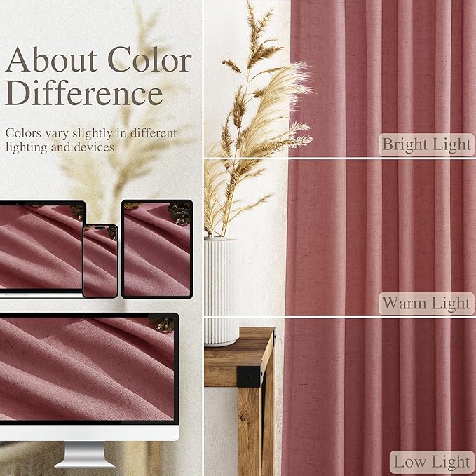 Canyon Rose Linen Curtains 102 Inches Long Rod Pocket Back Tab Drapes 2 Panels Set for Living Room Sheer Light Filtering Semi Sheer Dusty Rose Curtain 102 Length for Patio Sliding Glass Door 52x102