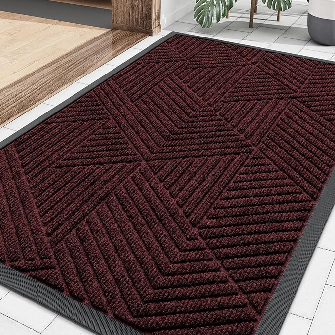 Smiry Front Door Mat Outside Entrance, Heavy Duty Sturdy Natural Rubber Doormat, Trap Dirt and Moisture, Easy Clean Low Profile Mats for Indoor Outdoor Entry, Irregular Triangle (29.5x17, Dark Red)