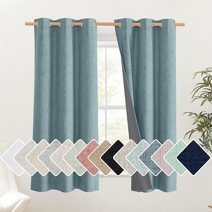 NICETOWN 100% Absolutely Blackout Linen Curtains with Thermal Insulated White Liner, Skylark Blue, 42" Wide, 63" Length Energy Saving Curtains for Small Window 2 Panels Set, Vertical Blinds