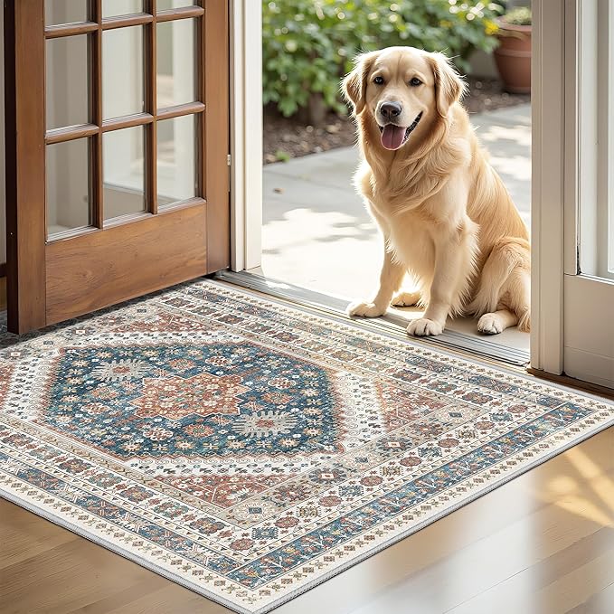 Entryway Rug - 2x3 Washable Rug Runner for Bathroom, Laundry Room, Kitchen, Soft Vintage Hallway Runner for Bedroom, Non-Slip Door Mat Indoor Entrance(Blue/Red,2'x3')
