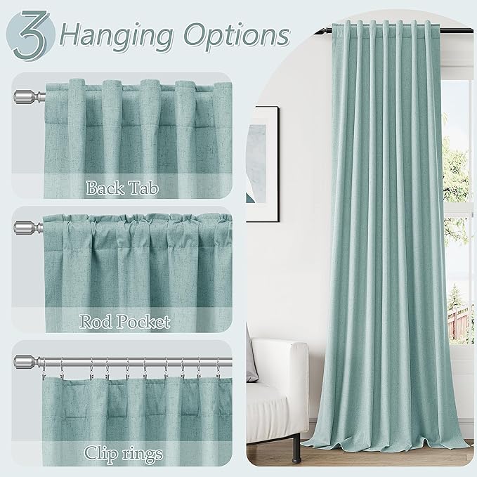 Guken 100% Blackout Linen Curtains 120 Inch Length 2 Panels Set for Living Room Bedroom Back Tab Thermal Insulated Black Out Linen Drapes Room Darkening Window Curtains,Light Blue