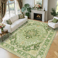 RELEANY Area Rugs 9'x12' Washable Non-Slip, Floral Vintage Distress Print Pattern Medallion Carpet for Living Room Bedroom Dining Room, Sage Green Yellow