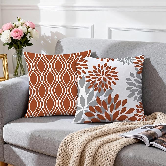 Hexagram Geometric Burnt Orange Pillow Covers 18x18 Set of 4, Decorative Outdoor Boho Modern Throw Pillow Covers, Home Sweet Home Farmhouse Cushion Case for Couch Sofa Bedroom Indoor Decor(No Insert)