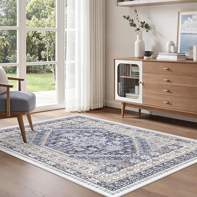 zesthome 3x5 Rug Ultra Soft Washable Rug, Non Slip Area Rug Indoor Entrance, Stain Resistant Rugs for Living Room Bedroom, Vintage Home Decor Area Rugs (Blue/Beige,3'x5')