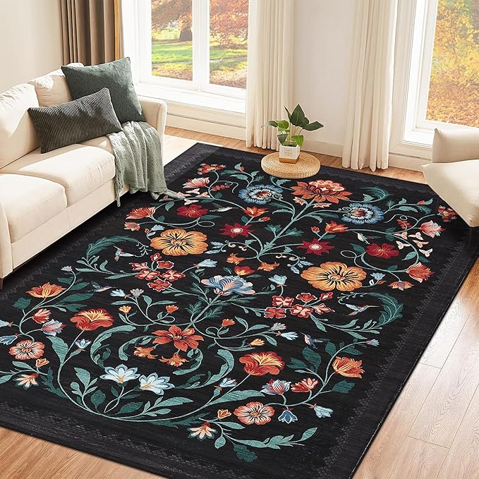 GarveeHome Washable Rug 3x5 Area Rugs for Living Room, Floral Rug for Bedroom, Soft Boho Non Slip Throw Rugs with Rubber Back, Low Pile Stain Resistant Vintage Floral Carpet for Dining Room, Black