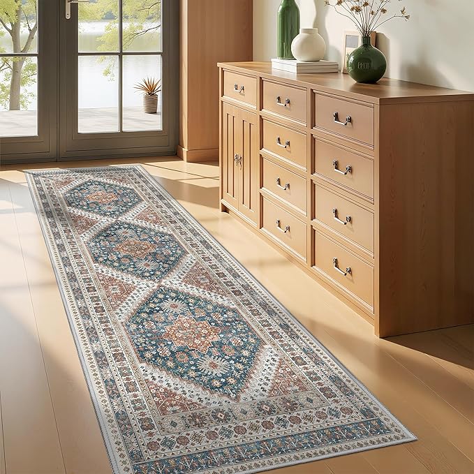 Kitchen Runner Rug Non Slip Washable 2.5x8, Soft Low Pile Entryway Rug Runners for Hallways,Carpet Runner for Living Room,Kitchen, Laundry, Bathroom(Blue/Red,2.5'x8')