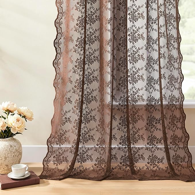 YJ YANJUN Vintage Lace Curtains 54 Inch Length-Brown Kitchen Curtains for Small Window, Victorian Floral Pattern, Light Filtering Voile Sheer Panels for Bedroom Bathroom 52" W x 54" L 2 Panels