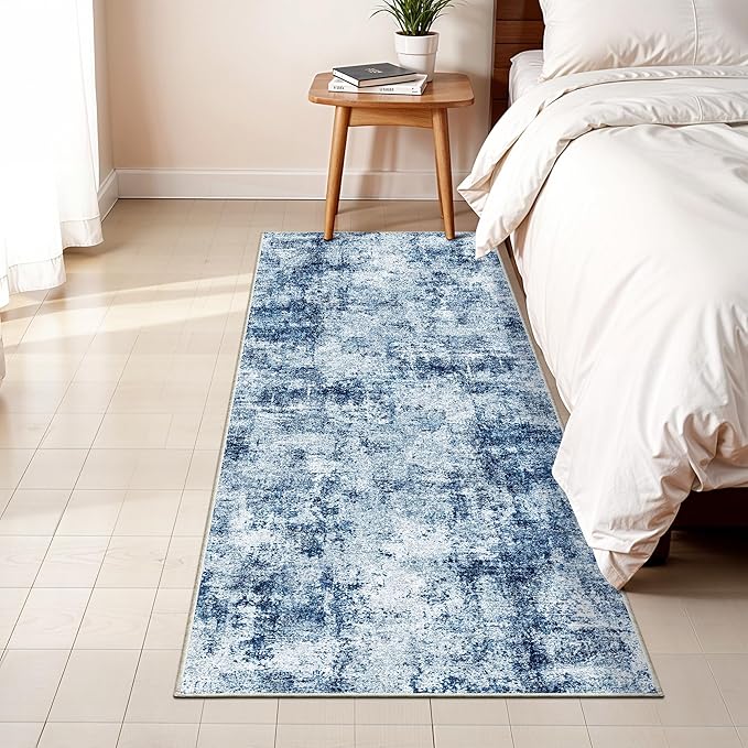 2x5 Washable Runner Rug for Hallway: Non Slip Entryway Runners Rugs Easy-to-Clean - Soft Living Room Bedroom Carpet - Thin Low Pile Floor Mat for Dining Room Blue