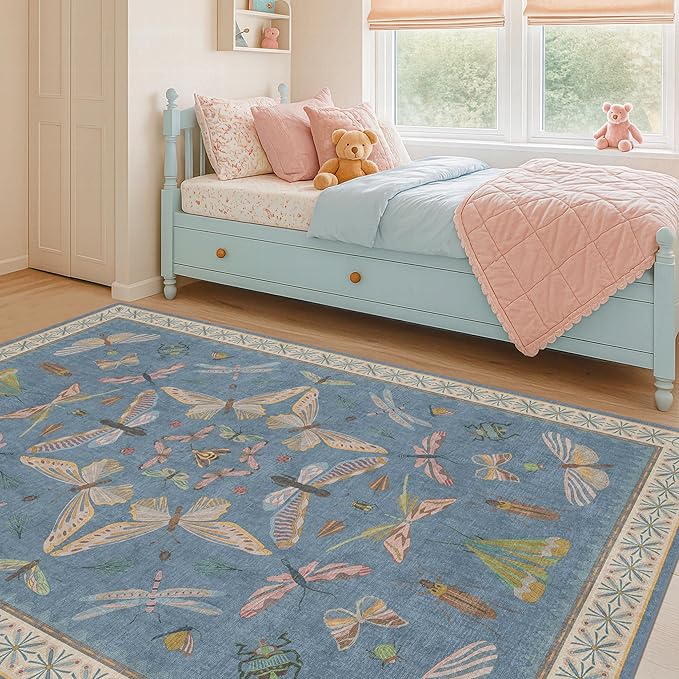 Blue Washable Kids Playroom Rug - 5x7 Area Rugs for Nursery Baby Boy, Bedroom, Living Room, Toddler Boy Room Decor, Cute Animals Print Carpet, Super Soft Non Slip Stain Resistant