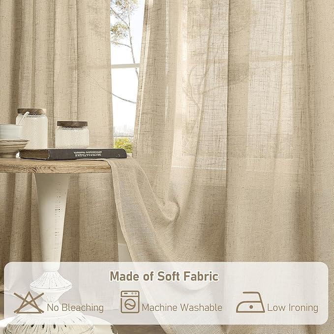 LAMIT 40 inch Small Window Linen Curtains 2 Panels, Semi Sheer Light Filtering Panels Back Tab and Rod Pocket Neutral Drapes for Basement/Loft Room/Cafe, 34 x 40 Inch