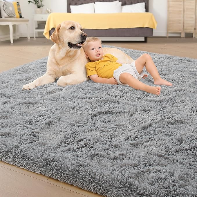 Tepook Area Rugs 9x12 for Living Room, Super Soft Fluffy Rugs for Bedroom, Modern Shaggy Rug Fuzzy Carpets for Kids, Plush Indoor Nursery Home Decor Rug with Non-Slip Bottom, Grey