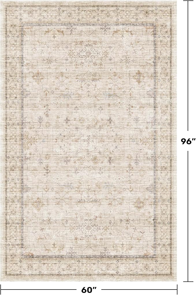 Hazo Haus Ivory 5x8 Area Rug for Bedroom, Home Office, Washable Non Slip Dinning Rugs for Under Table, Soft Low Pile Neutral Farmhouse Boho Living Room Décor