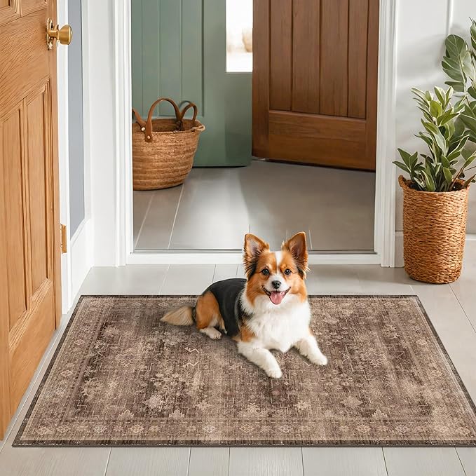 Boho Taupe Brown 3x5 Large Entryway Rug - Modern Vintage Traditional Eclectic Oriental Neutral, Washable Low Pile Non-Slip Area Rugs for Door Mat Indoor Entrance, Kitchen, Laundry
