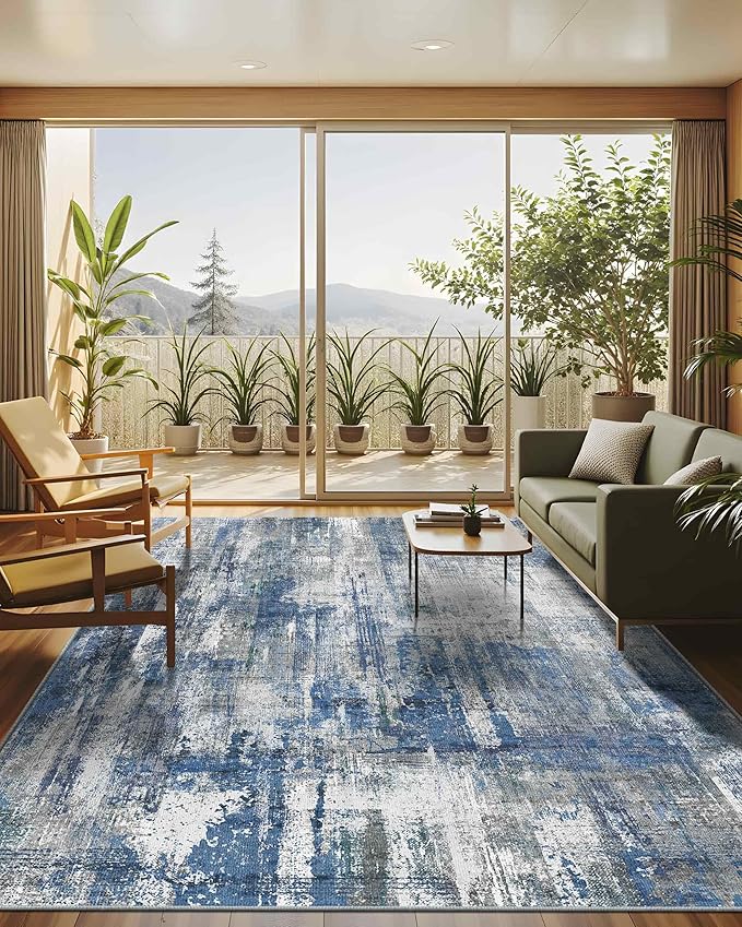 Latte&Fog 8x10 Area Rugs for Living Room, Large Blue Modern Abstract Washable Rug, Boho Non Slip Low Pile Carpet for Bedroom Dining Room, Office, Dorm, Classroom, Farmhouse and Kids Room - Blue Grey