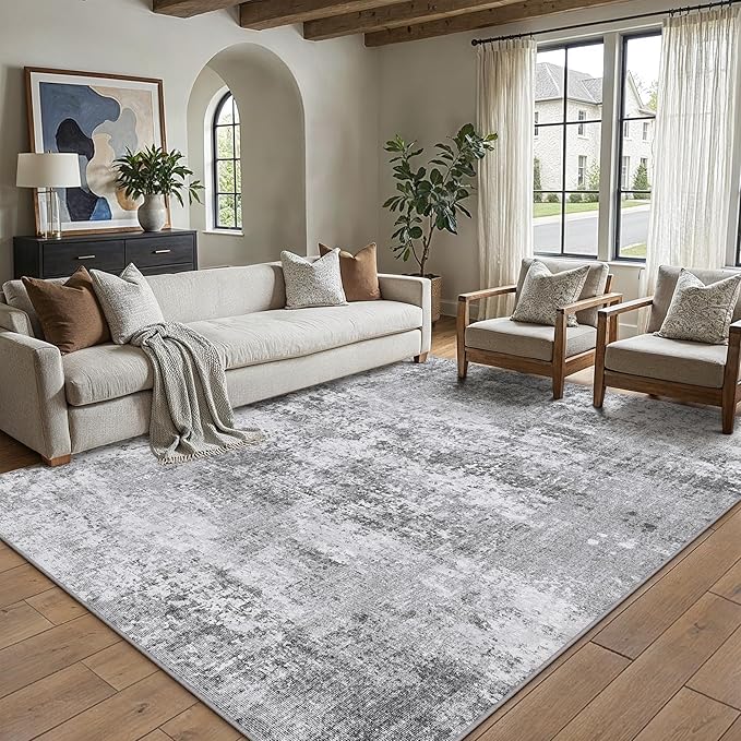 PureCozy 5x7 Grey Area Rug Washable Non Slip Modern Abstract Living Room Carpet Neutral Low Pile Soft Gray Bedroom Contemporary Throw Rug Indoor for Kitchen Office Laundry Dining Room