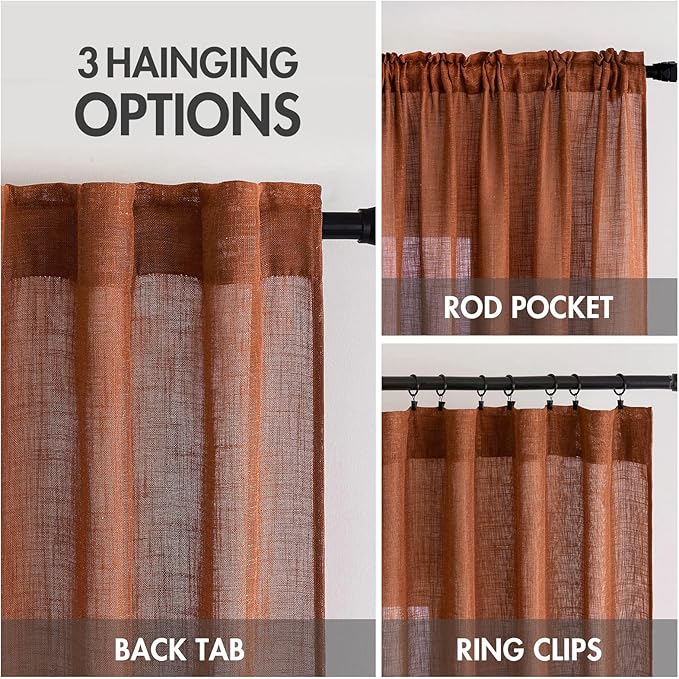 MIULEE Burnt Orange Linen Curtains 90 Inch Long for Bedroom Living Room, Soft Thick Linen Textured Window Drapes Terracotta Rust Boho Fall Decor Semi Sheer Light Filtering Back Tab 2 Panels