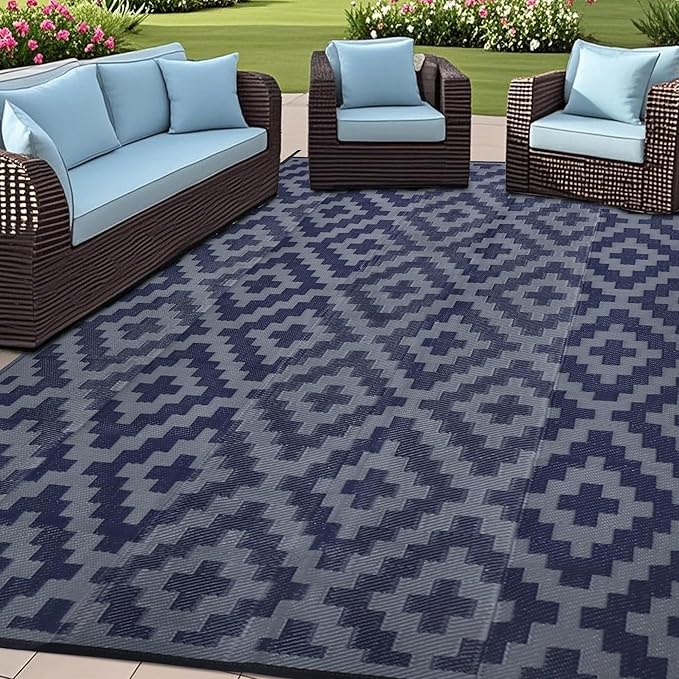 Outdoor Rug, Reversible Polypropylene 6 x 9 ft, Blue Grey Lattice