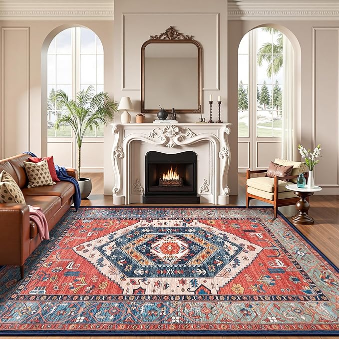 SERISSA Washable Rugs 8x10 Area Rugs, Large Non-Slip Boho Living Room Rust Rug, Ultra Soft Vintage Print Distressed Oriental Tribal Farmhouse Carpet for Dining Room Bedroom Dorm Office Home Decor