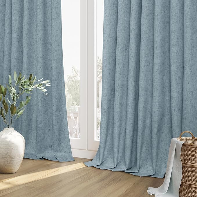 Guken Blue 100% Blackout Linen Curtains 132 Inch Length 2 Panels Set for Living Room Bedroom Back Tab Thermal Insulated Black Out Drapes Room Darkening Farmhouse Window Curtains Dusty Blue 52x132