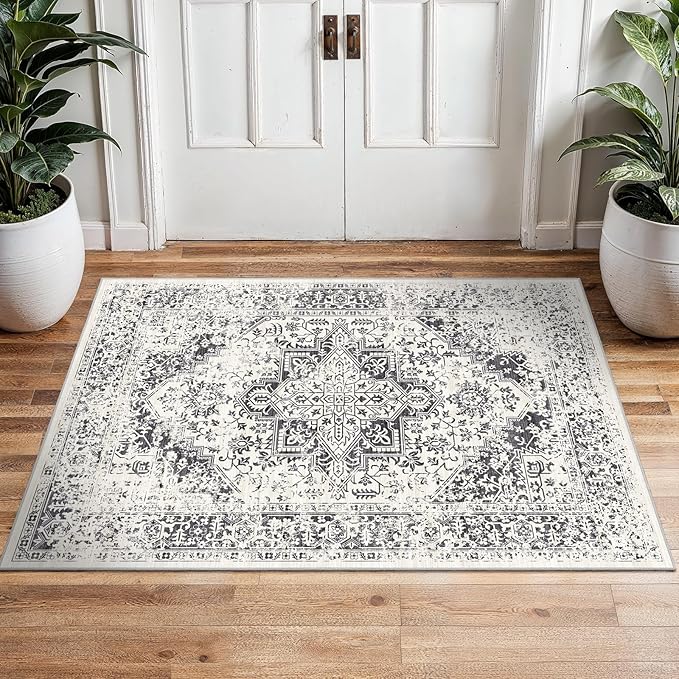 2x3 Entryway Area Rug Washable - Neutral Small Entry Rug Kitchen Rug Runner Vintage Soft Floor Mat Non Slip Indoor Farmhouse Carpet for Bedroom Bathroom Living Room (Distessed Grey)