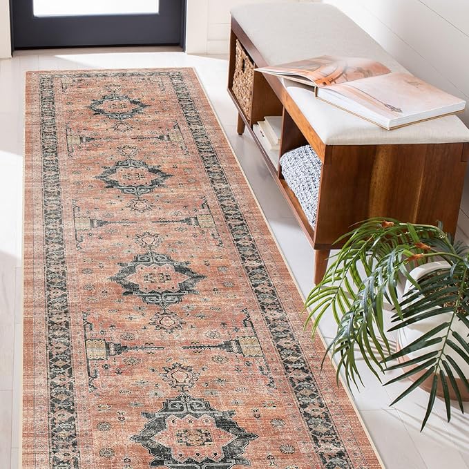 Hallway Washable Runner Rug - 2'6x14 Kitchen Rugs Entryway Rug Runner Vintage Soft Floor Mat Non Slip Indoor Farmhouse Carpet for Bathroom Living Room Bedroom (2'6''x14', Orange)