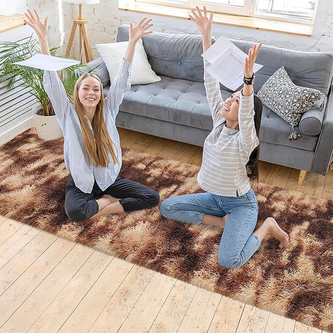 Super Soft Fluffy Living Room Area Rug 2x10 ft Tie-Dyed Brown Shaggy Furry Carpet Washable Non-Slip Floor Rugs Bedroom Bedside Nursery Rug Fuzzy Girls Boy Dorm Home Decor Aesthetic